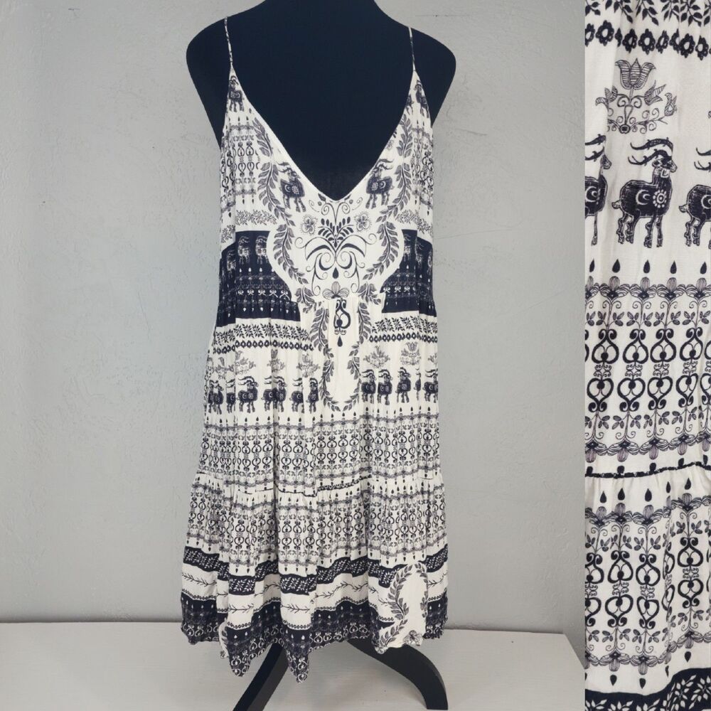 Rory Beca Large | Black White Boho Scandi‎ Festival Peasant Western Mini Dress